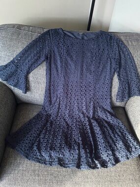 Suzy Shier Navy Lace Fit-and-Flare Dress with Bell Sleeves